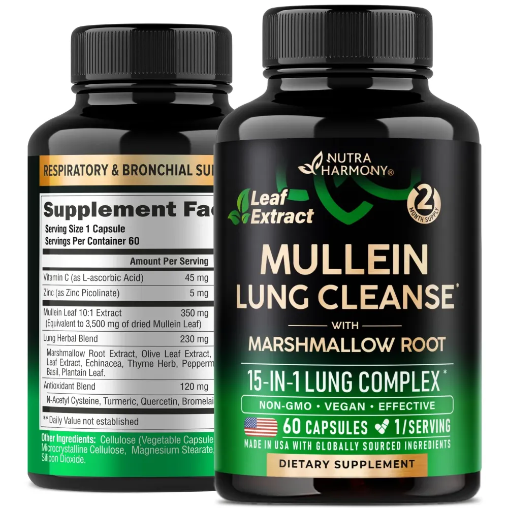 Mullein Leaf Extract for Lung Detox - Marshmallow Root | Echinacea | Oregano | Quercetin | NAC - 15-in-1 Lung Support & Cleanse for Smokers Supplement - Made in USA - As Drops, Tincture - 60 Capsules Mullein Leaf Extract for Lung Detox - Marshmallow Root | Echinacea | Oregano | Quercetin | NAC - 15-in-1 Lung Support & Cleanse for Smokers Supplement - Made in USA - As Drops, Tincture - 60 Capsules