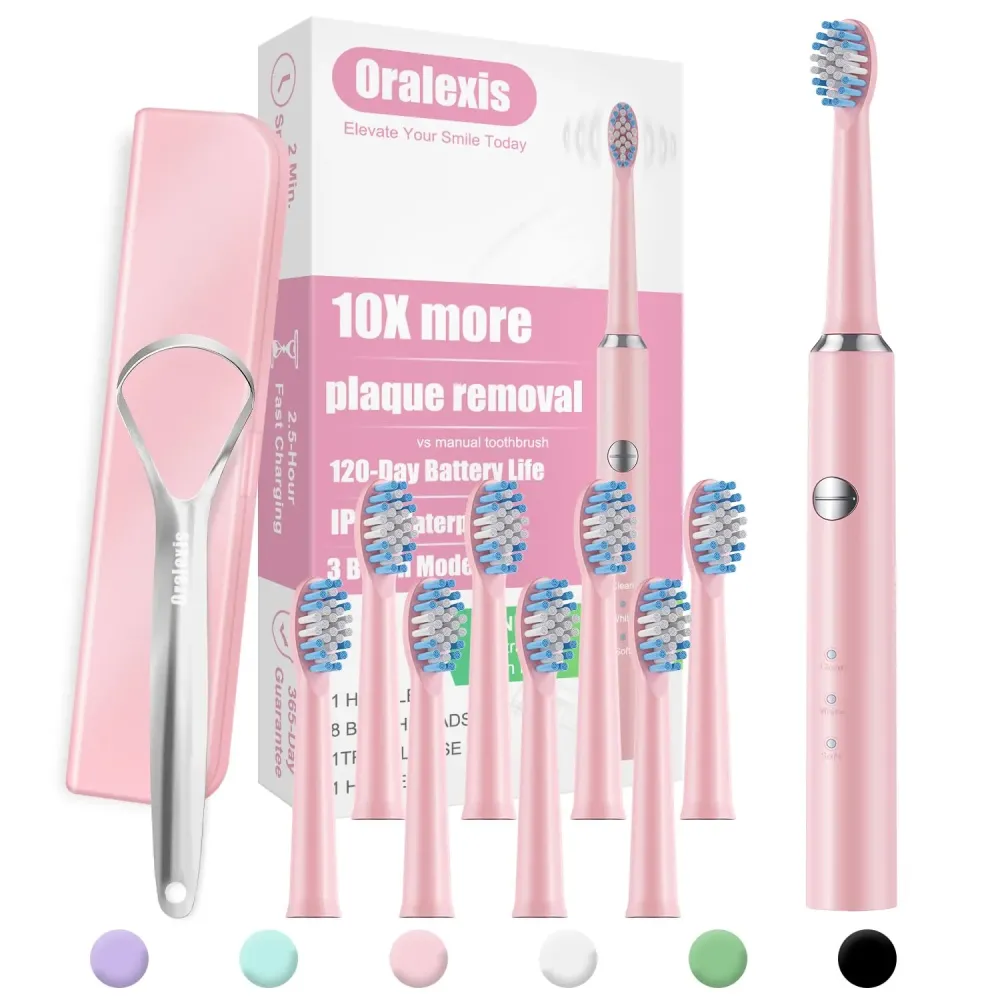 ORALEXIS Electric Toothbrush for Adults and Kids, with Tongue Scraper and 8 Brush Heads, One Fast Charge Last 120 Days, 40000 VPM Deep Clean, Sonic Travel Toothbrush - Pink ORALEXIS Electric Toothbrush for Adults and Kids, with Tongue Scraper and 8 Brush Heads, One Fast Charge Last 120 Days, 40000 VPM Deep Clean, Sonic Travel Toothbrush - Pink