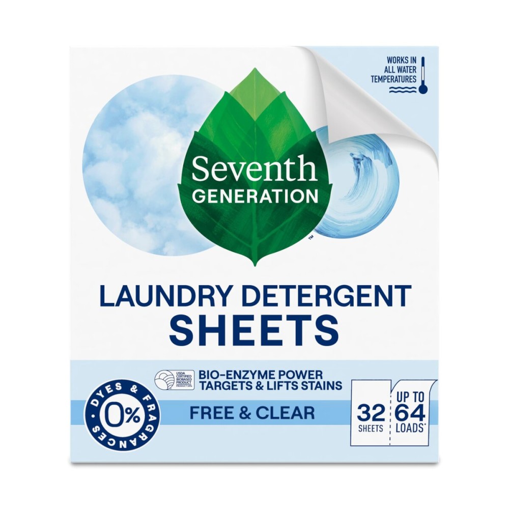 Seventh Generation Laundry Detergent Sheets 32ct Free & Clear Removes Tough Stains Safer for your family