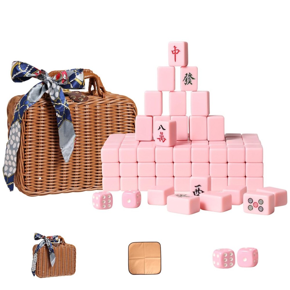 VPH Travel Chinese Mahjong Set Ivory 144 Sheets with Rattan Box and Tablecloth (Pink) VPH Travel Chinese Mahjong Set Ivory 144 Sheets with Rattan Box and Tablecloth (Pink)