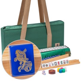 Yellow Mountain Imports American Mahjong Set, Koi Fish with Green Soft Case - Four Wooden All-in-One Racks with Pushers, Wright Patterson Scoring Coins, Dice, and Wind Indicator