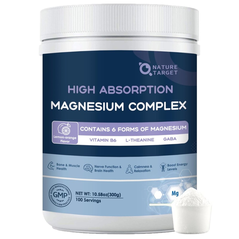 NATURE TARGET Magnesium Powder Supplement with Glycinate, Citrate, Malate, Magnesium Complex with L-Theanine & Vitamin B6 for Muscle, Heart & Brain, Vegan, 10.58 oz (100 Servings), Lemon Orange Flavor NATURE TARGET Magnesium Powder Supplement with Glycinate, Citrate, Malate, Magnesium Complex with L-Theanine & Vitamin B6 for Muscle, Heart & Brain, Vegan, 10.58 oz (100 Servings), Lemon Orange Flavor