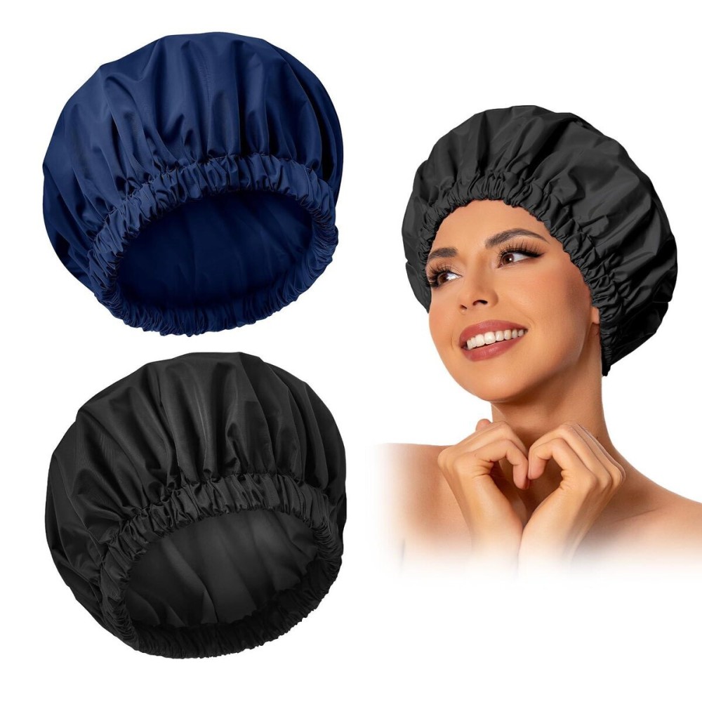 Reusable Shower Cap for Women, Large Waterproof Shower Bonnet Washable Elastic Band Bath Accessories Hair Hat for Long Hair, Braids(Black&Navy) Reusable Shower Cap for Women, Large Waterproof Shower Bonnet Washable Elastic Band Bath Accessories Hair Hat for Long Hair, Braids(Black&Navy)