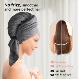 Netcken Extra Large Microfiber Hair Towel for Women,Super Soft Anti Frizz & Quick Dry for Curly Hair,Ultra Absorbent Hair Wrap Towels for Long,Thick,Wet Hair 24x42 Inches (Grey)