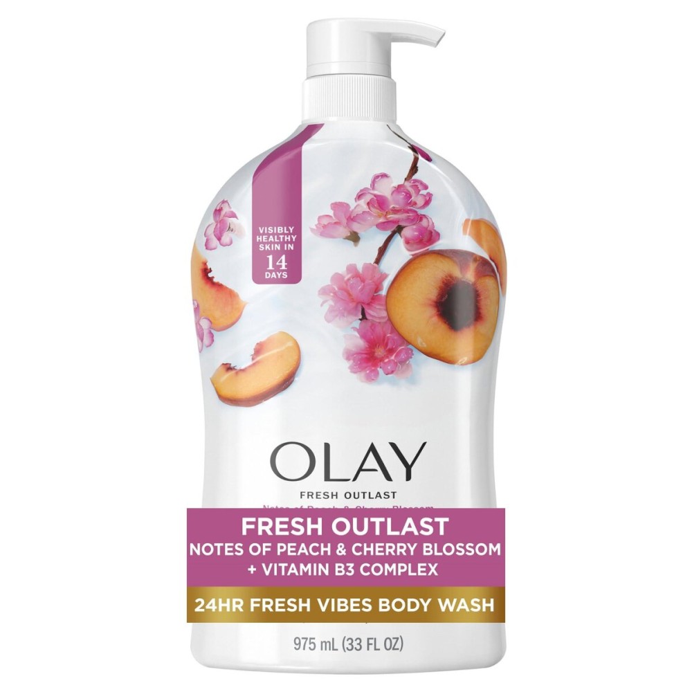 Olay Body Wash for Women, Fresh Radiance, Refreshing & Renewing, Made with Plant Based Cleansers, B3 Botanical Complex, For All Skin Types, Peach & Cherry Blossom Scent, 33 fl oz
