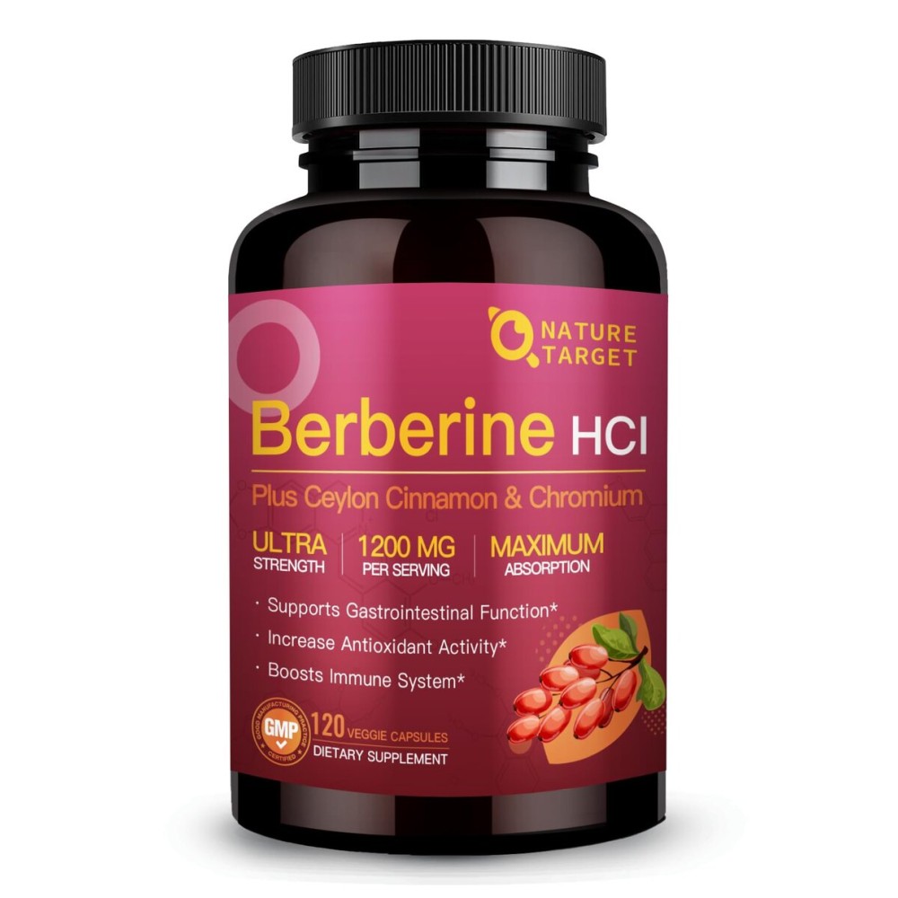 NATURE TARGET Berberine HCl 1200mg, Berberine Supplement with Ceylon Cinnamon, Chromium - Supports Immune, Gastrointestinal & Heart Health, Non-GMO, 120 Capsules NATURE TARGET Berberine HCl 1200mg, Berberine Supplement with Ceylon Cinnamon, Chromium - Supports Immune, Gastrointestinal & Heart Health, Non-GMO, 120 Capsules