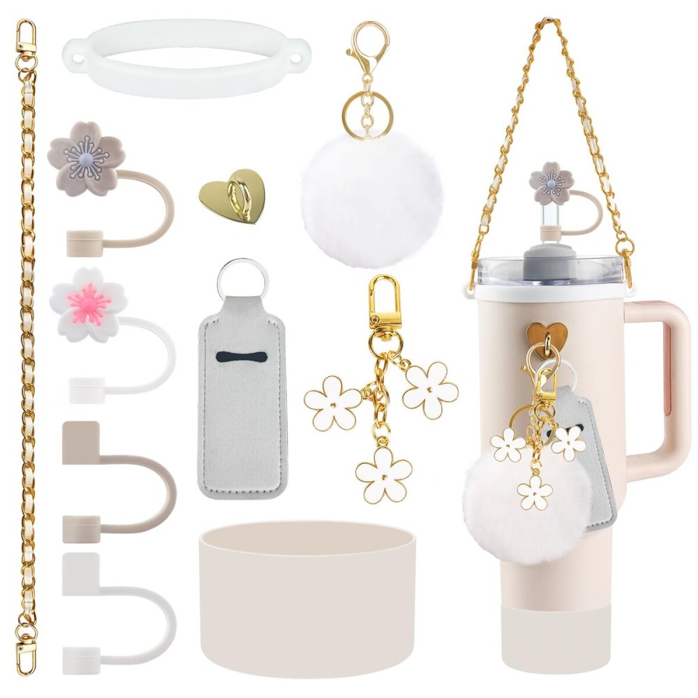 Velaco 11 PCS Accessories for Stanley Cup, Water Bottle Handle Strap for Stanley 30/40 oz tumbler with handle, including Straw Toppers, Silicone Cup Boot, Keychain Charms - White