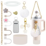Velaco 11 PCS Accessories for Stanley Cup, Water Bottle Handle Strap for Stanley 30/40 oz tumbler with handle, including Straw Toppers, Silicone Cup Boot, Keychain Charms - White
