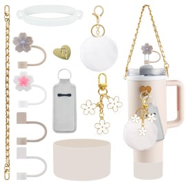 Velaco 11 PCS Accessories for Stanley Cup, Water Bottle Handle Strap for Stanley 30/40 oz tumbler with handle, including Straw Toppers, Silicone Cup Boot, Keychain Charms - White