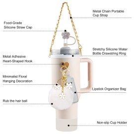 Velaco 11 PCS Accessories for Stanley Cup, Water Bottle Handle Strap for Stanley 30/40 oz tumbler with handle, including Straw Toppers, Silicone Cup Boot, Keychain Charms - White