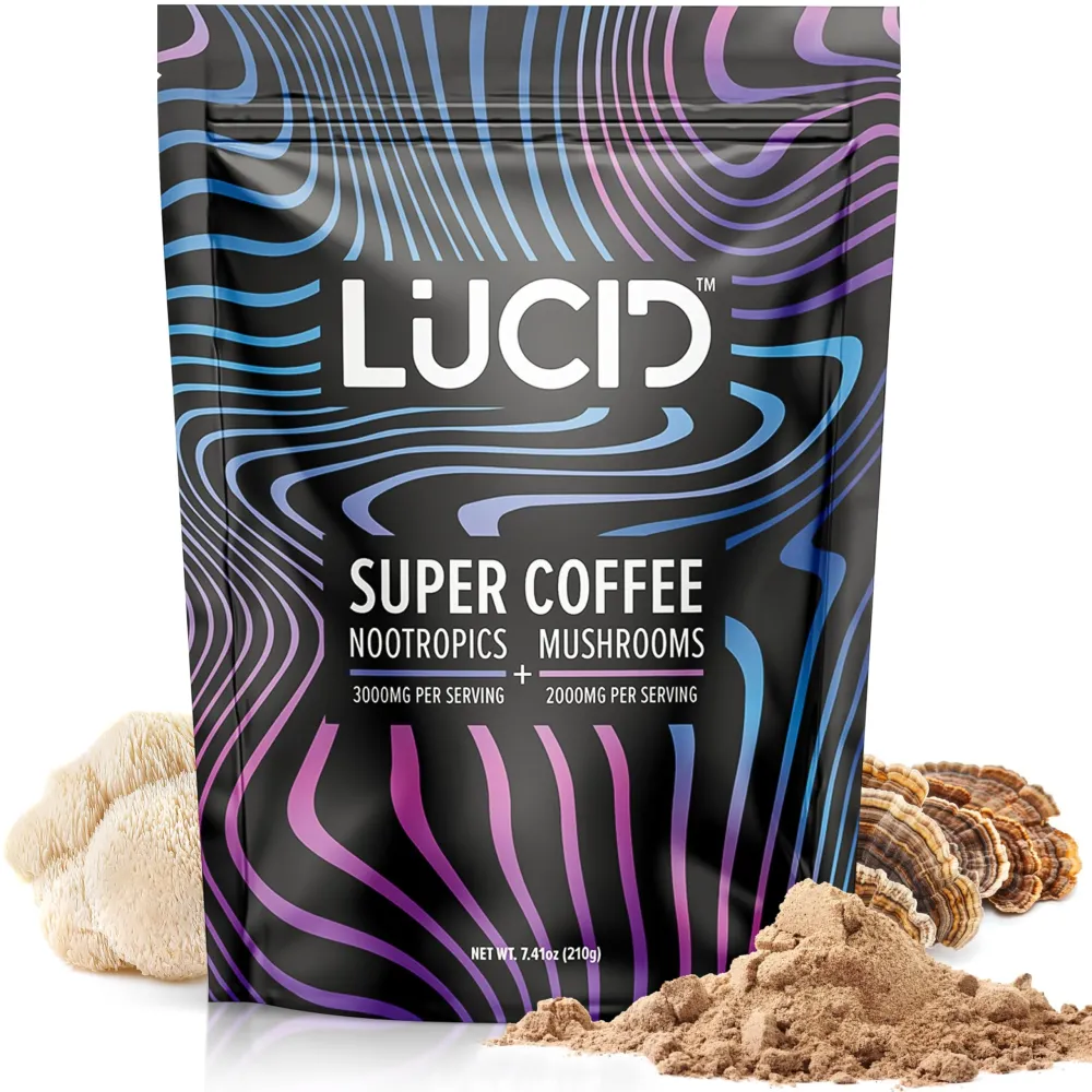 Lucid Superfood Organic Mushroom Coffee with Nootropics - Lion\'s Mane, Tremella, Cordyceps & Turkey Tail - Instant Mushroom Coffee Focus Brain Health - Alpha GPC, L-Theanine, Ginko Biloba - USA Made Lucid Superfood Organic Mushroom Coffee with Nootropics - Lion\'s Mane, Tremella, Cordyceps & Turkey Tail - Instant Mushroom Coffee Focus Brain Health - Alpha GPC, L-Theanine, Ginko Biloba - USA Made