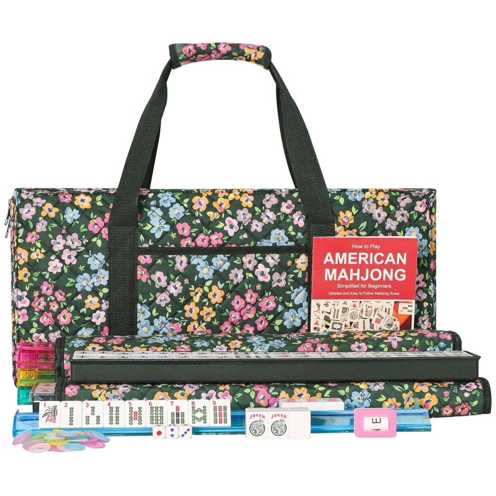 ZGME American Mahjong Set,166 White Tiles with Dark Green Small Flower Bag and Accessories,4 All-in-One Mahjong Racks with Pushers ZGME American Mahjong Set,166 White Tiles with Dark Green Small Flower Bag and Accessories,4 All-in-One Mahjong Racks with Pushers