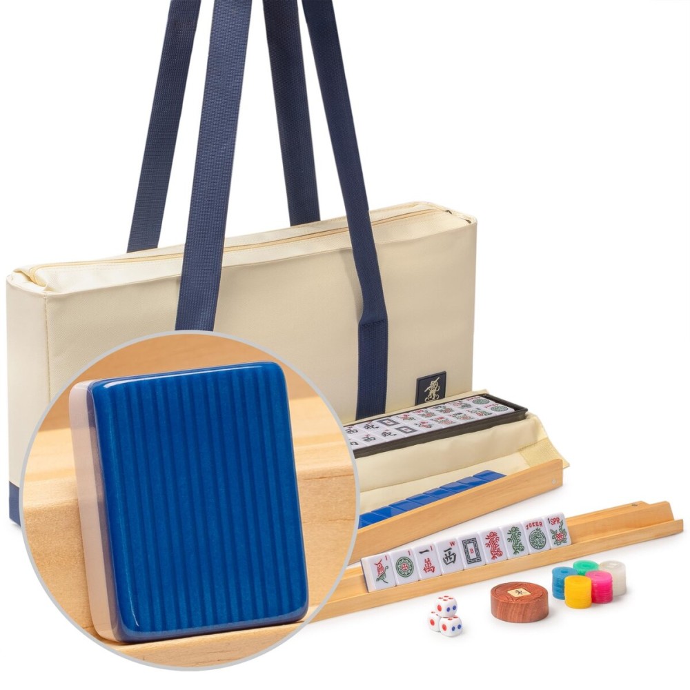 Yellow Mountain Imports American Mahjong Set, Harbor Tide with Beige and Blue Canvas Tote Bag - 4 All-in-One Racks with Pushers, Wright Patterson Scoring Coins, Dice, & Wind Indicator Yellow Mountain Imports American Mahjong Set, Harbor Tide with Beige and Blue Canvas Tote Bag - 4 All-in-One Racks with Pushers, Wright Patterson Scoring Coins, Dice, & Wind Indicator