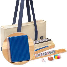 Yellow Mountain Imports American Mahjong Set, Harbor Tide with Beige and Blue Canvas Tote Bag - 4 All-in-One Racks with Pushers, Wright Patterson Scoring Coins, Dice, & Wind Indicator