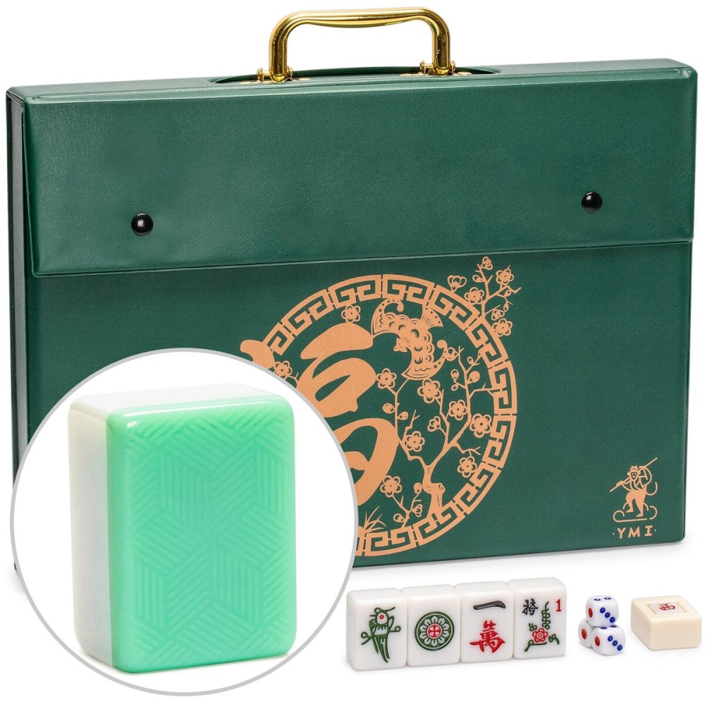 Yellow Mountain Imports Emerald Weave Chinese Mahjong Set, with 146 Large 1.6-Inch Tiles, Green Vinyl Case, Wind Indicator and Dice - for Chinese Style Gameplay Only  Yellow Mountain Imports Emerald Weave Chinese Mahjong Set, with 146 Large 1.6-Inch Tiles, Green Vinyl Case, Wind Indicator and Dice - for Chinese Style Gameplay Only
