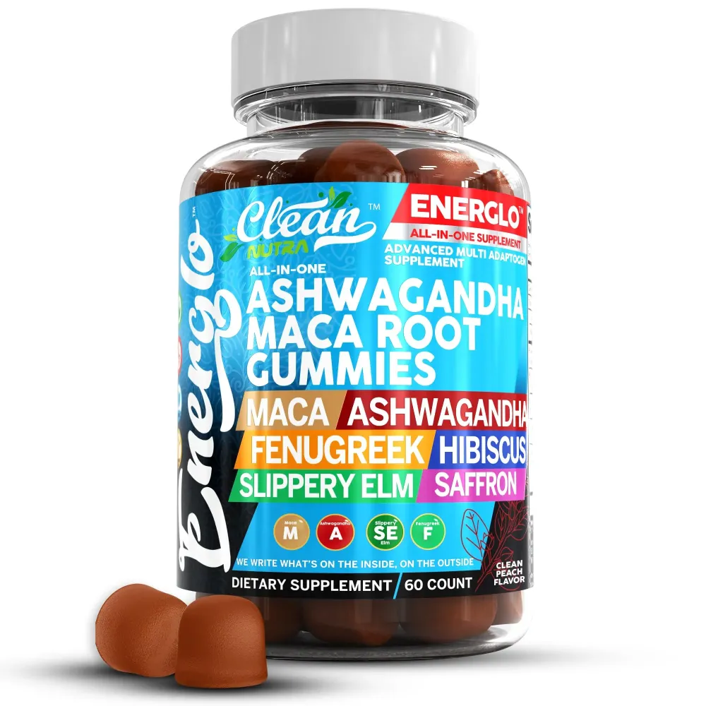 Ashwagandha Maca Root Gummies with Fenugreek Hibiscus Slippery Elm Saffron Extract & Beta Carotene | Peach Flavor Vegan Gummy Vitamins Adaptogen Cortisol Supplement Energlo by Clean Nutra Ashwagandha Maca Root Gummies with Fenugreek Hibiscus Slippery Elm Saffron Extract & Beta Carotene | Peach Flavor Vegan Gummy Vitamins Adaptogen Cortisol Supplement Energlo by Clean Nutra