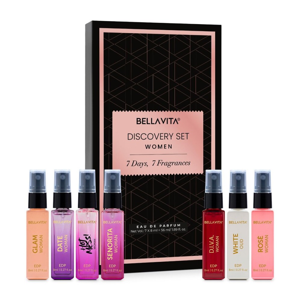 BellaVita Luxury Discovery Set Womens Perfumes (7x8ml) | Mini Perfume Gift Set for Women with Rose, OUD & Pepper Oriented | Compact Long-Lasting Floral Perfumes for Women | Cruelty Free Fragrance
