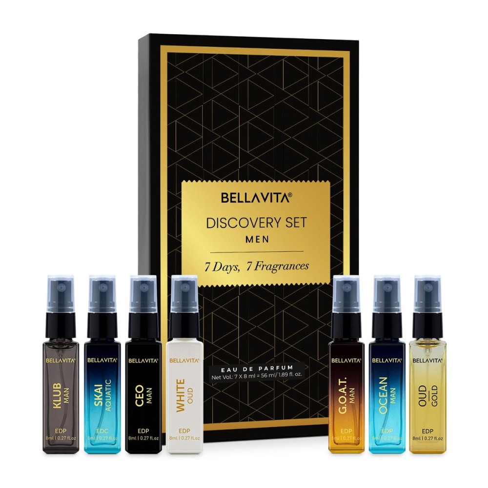 BellaVita Luxury Discovery Set Mens Perfumes (7x8ml) | Mini Perfume Gift Set for Men with Bergamot, OUD & Patchouli Oriented | Compact Long-Lasting Oud Colognes for Men | Cruelty Free Fragrance
