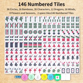 XRBR Chinese Mahjong Set, 146 Numbered Melamine 1.6 (40 mm), Large Size Complete Mah jongg Set with Carrying Travel Case (White Jade Color)