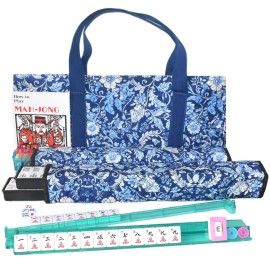 TrendyMate American Mahjong Set,166 Premium White Tiles,4 All-in-One Mahjong Racks/Pushers,Complete Western Mahjong with Soft Blue Printed Carrying Bag