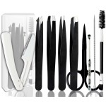 [9+1 PCS] Tweezers Kit, Tweezer for Women Facial Hair, Professional Tweezers Set, Eyebrow Tweezer, Professional Stainless Steel Eyebrow for Women &Men,Black And Pink Beauty Sets.