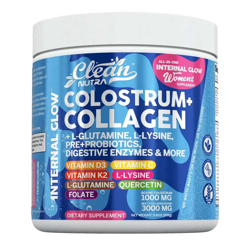 Bovine Colostrum+Collagen Peptides Powder| L-Glutamine L-Lysine Prebiotics Probiotics Digestive Enzymes Vitamin D K2 Vitamin C Quercetin & Folate|Gut Health Supplement Internal Glow By Clean Nutra (1) Bovine Colostrum+Collagen Peptides Powder| L-Glutamine L-Lysine Prebiotics Probiotics Digestive Enzymes Vitamin D K2 Vitamin C Quercetin & Folate|Gut Health Supplement Internal Glow By Clean Nutra (1)