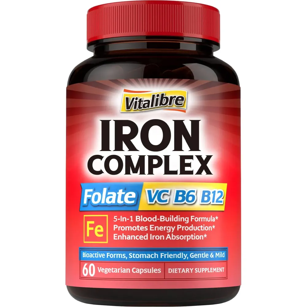 Iron Supplement for Women & Men, with Vitamins C, B6, B12 & Folate for Iron Deficiency, Blood Building & Energy Support, Stomach Friendly, Better Absorption, Non-GMO, No Gluten, 60 Vegan Caps Iron Supplement for Women & Men, with Vitamins C, B6, B12 & Folate for Iron Deficiency, Blood Building & Energy Support, Stomach Friendly, Better Absorption, Non-GMO, No Gluten, 60 Vegan Caps