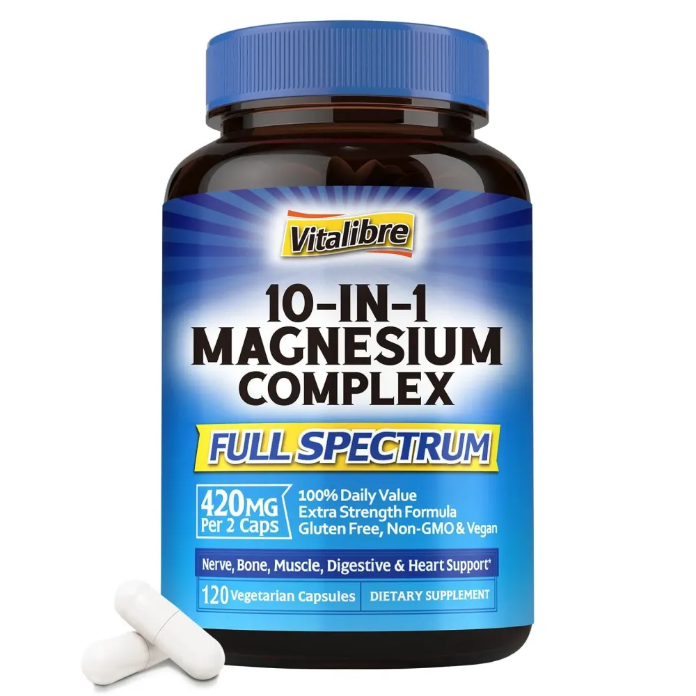 Vitalibre 10 in 1 Magnesium Complex, 420mg Elemental Magnesium | Ultra Strength, Max Absorption | Chelated Magnesium Supplement for Sleep, Muscles, Nerves & Heart Health | Non-GMO, 120 Vegan Capsules Vitalibre 10 in 1 Magnesium Complex, 420mg Elemental Magnesium | Ultra Strength, Max Absorption | Chelated Magnesium Supplement for Sleep, Muscles, Nerves & Heart Health | Non-GMO, 120 Vegan Capsules