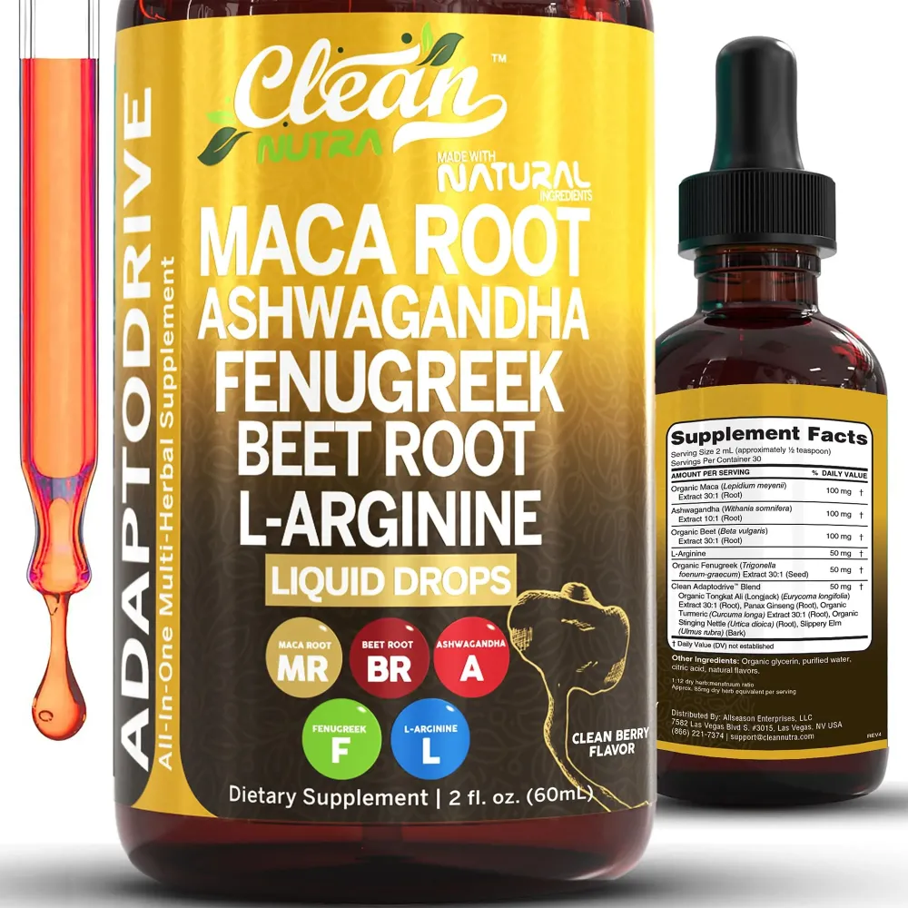 Clean Nutra Organic Maca Root Liquid Drops with Ashwagandha, Fenugreek, Beet Root and L-Arginine Liquid Multivitamin for Women and Men - Adapto Drive Clean Nutra Organic Maca Root Liquid Drops with Ashwagandha, Fenugreek, Beet Root and L-Arginine Liquid Multivitamin for Women and Men - Adapto Drive