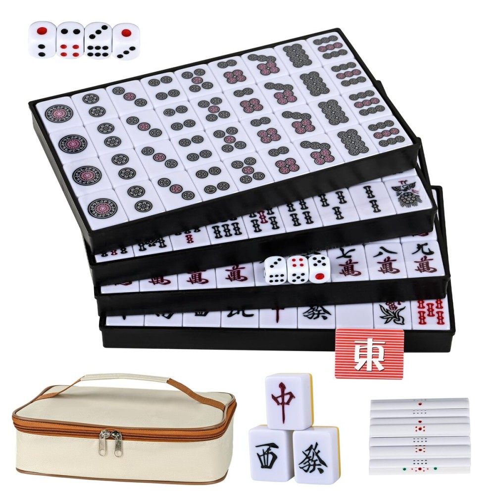 DSNGEZ Japanese Riichi Mahjong Set, White and Yellow, 1.18(30mm) Size Tiles - with East Wind Tile, Set of Scoring Sticks, and Dices, Portable Travel Handbag, Mahjong Table Cover.