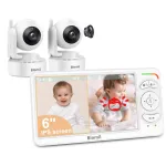 6 Baby Monitor with 2 Cameras and Audio 30 Hours Battery Upgrade Split Screen Video Baby Monitor Remote Pan-Tilt-Zoom 178Wide-Angle 150 Languages No WiFi ECO 2-Way Talk Night Vision 1000ft Travel