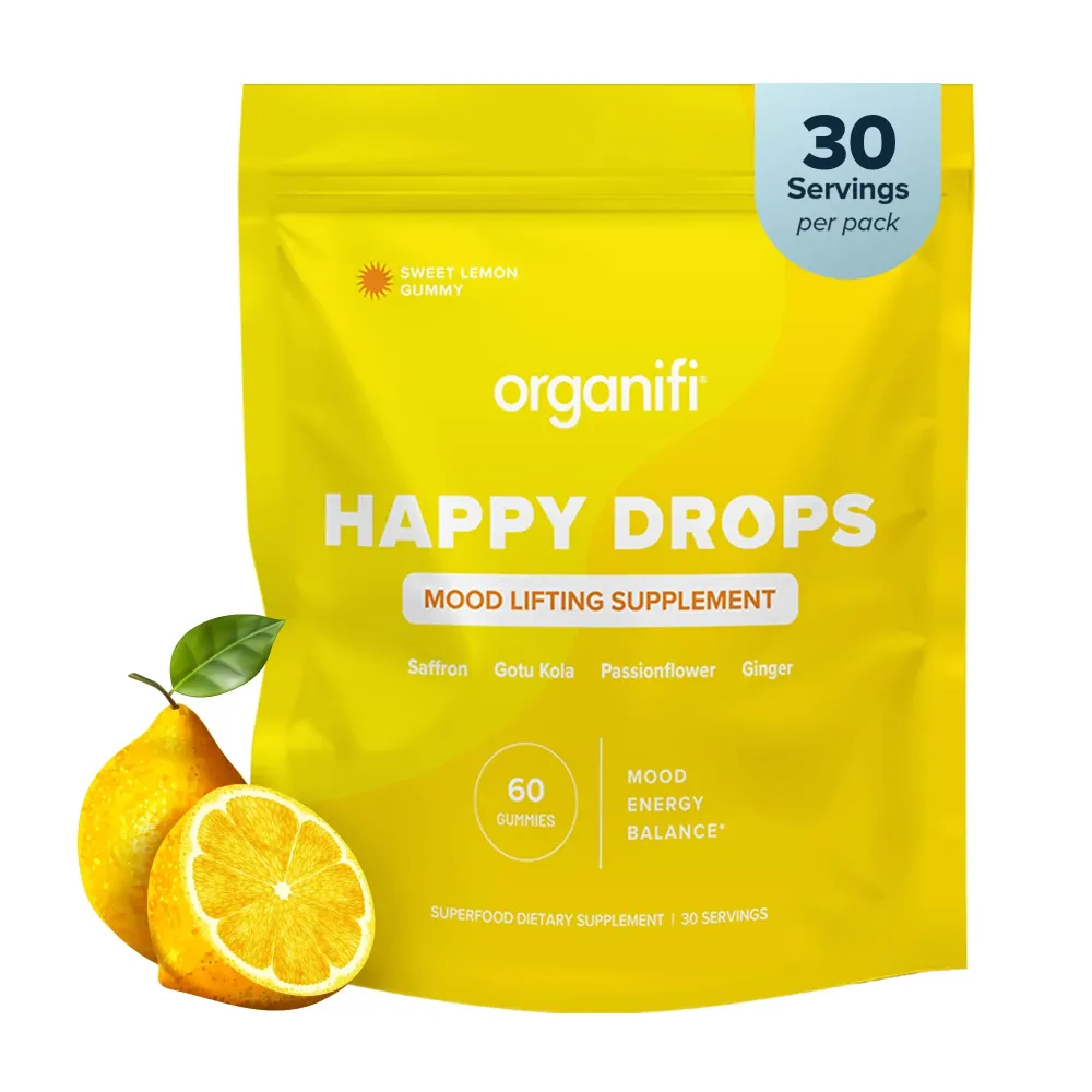 Organifi Happy Drops - Daily Superfood Happy Gummies for Adults - Mood Support Supplement for Balance, Bliss, Energy and Taking The Edge Off - Sweet Lemon Flavor - 60 Gummies Organifi Happy Drops - Daily Superfood Happy Gummies for Adults - Mood Support Supplement for Balance, Bliss, Energy and Taking The Edge Off - Sweet Lemon Flavor - 60 Gummies
