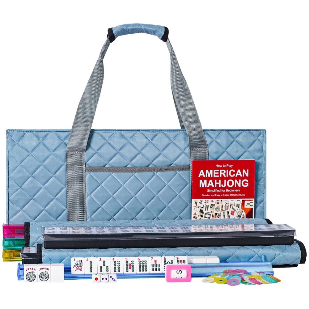 ZGME American Mahjong Set,166 White Tiles with Blue Rectangular Bag and Accessories,4 All-in-One Mahjong Racks with Pushers,Complete Western Mahjong Set ZGME American Mahjong Set,166 White Tiles with Blue Rectangular Bag and Accessories,4 All-in-One Mahjong Racks with Pushers,Complete Western Mahjong Set