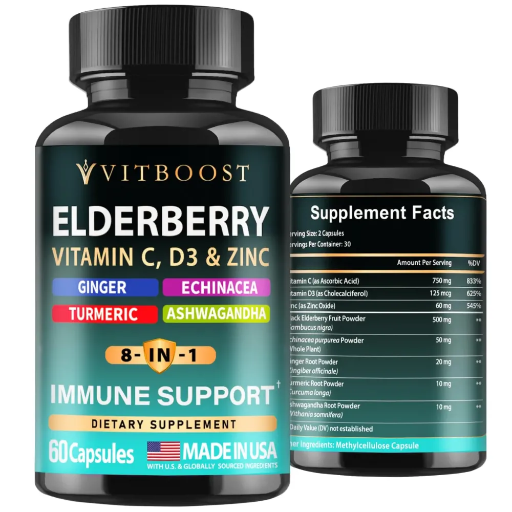Elderberry Immune Support Supplement 8-in-1 Formula with Echinacea, Vitamin C & Zinc, Vitamin D 5000 IU, Turmeric, Ginger, Ashwagandha - 60 Capsules Elderberry Immune Support Supplement 8-in-1 Formula with Echinacea, Vitamin C & Zinc, Vitamin D 5000 IU, Turmeric, Ginger, Ashwagandha - 60 Capsules