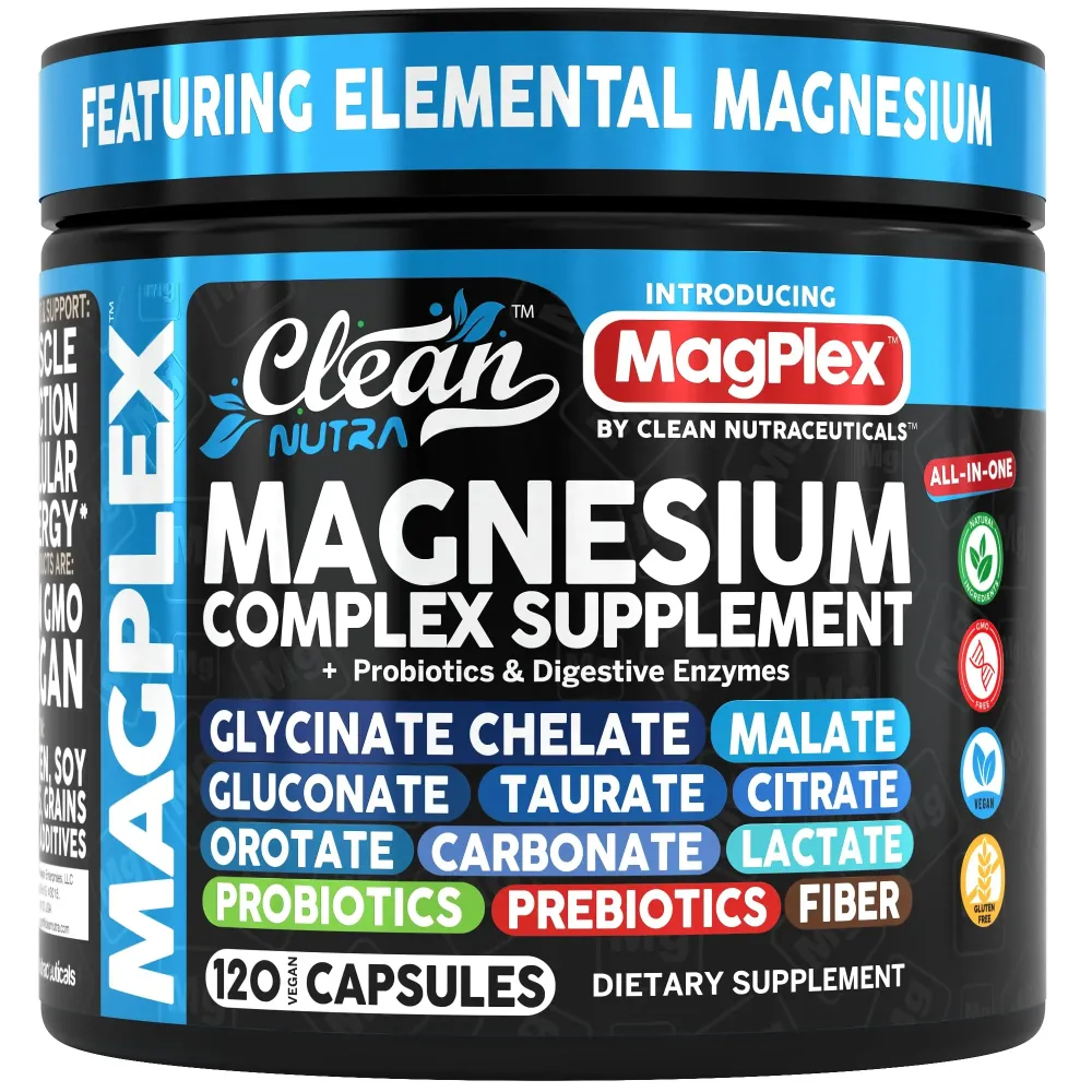 8in1 Magnesium Supplement Complex | Magnesium Glycinate Citrate Malate Gluconate Orotate Carbonate Lactate + Prebiotics Probiotics Digestive Enzymes Magnesio Capsules for Women Men by Clean Nutra 8in1 Magnesium Supplement Complex | Magnesium Glycinate Citrate Malate Gluconate Orotate Carbonate Lactate + Prebiotics Probiotics Digestive Enzymes Magnesio Capsules for Women Men by Clean Nutra