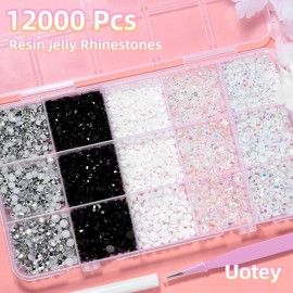12000 Pcs Resin Jelly Rhinestones for Crafting, Multi Sizes Flatback White Black Gems, Resin Rhinestones Bedazzling Crystal with Pickup Tool for DIY Crafts Clothing Shoes Fabric Nail Art 12000 Pcs Resin Jelly Rhinestones for Crafting, Multi Sizes Flatback White Black Gems, Resin Rhinestones Bedazzling Crystal with Pickup Tool for DIY Crafts Clothing Shoes Fabric Nail Art