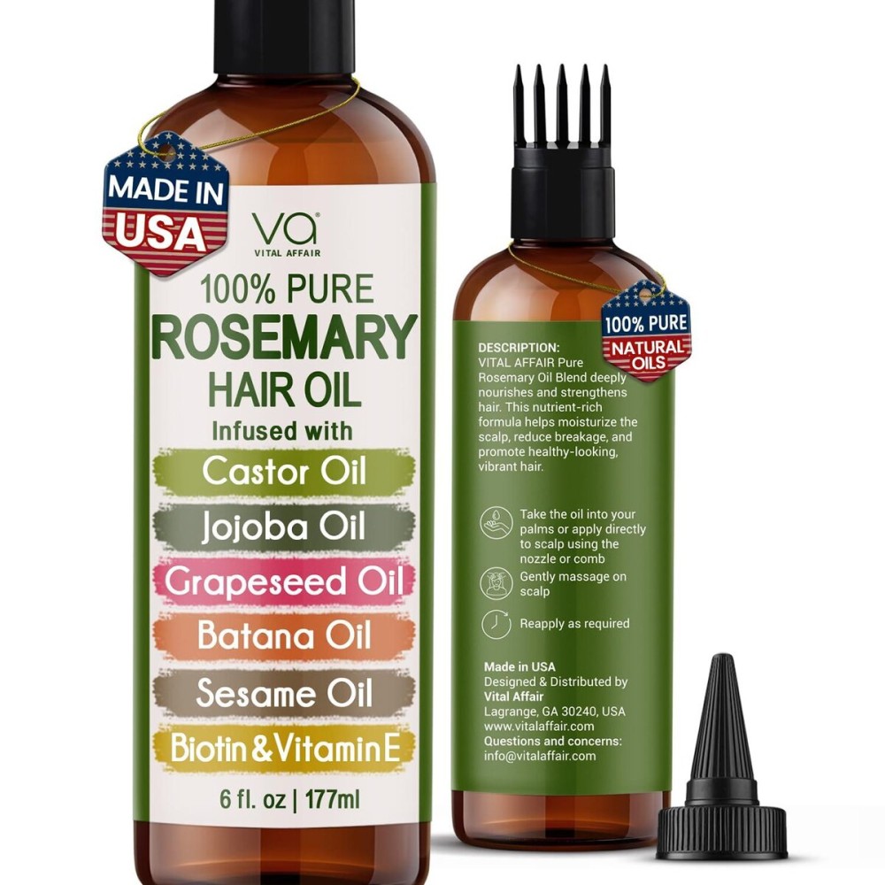 VITAL AFFAIR 100% Pure Rosemary Oil For Hair Growth With Castor, Batana, Jojoba Oil - Infused With Biotin & Vitamin E-Blend of Effective Hair Oils for Hair Growth-Strengthening Treatment 6 Fl Oz VITAL AFFAIR 100% Pure Rosemary Oil For Hair Growth With Castor, Batana, Jojoba Oil - Infused With Biotin & Vitamin E-Blend of Effective Hair Oils for Hair Growth-Strengthening Treatment 6 Fl Oz