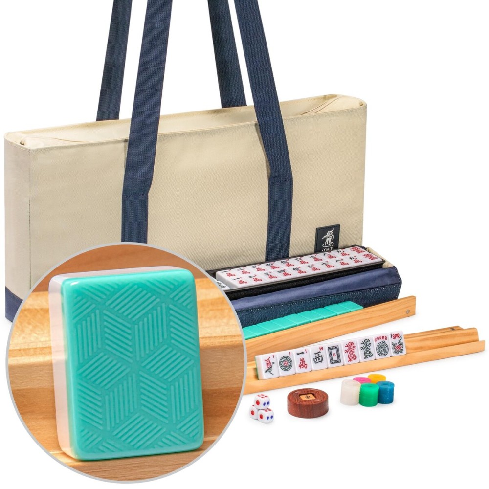 Yellow Mountain Imports American Mahjong Set, Harbor Mint with Beige and Blue Canvas Tote Bag - 4 All-in-One Racks with Pushers, Wright Patterson Scoring Coins, Dice, & Wind Indicator Yellow Mountain Imports American Mahjong Set, Harbor Mint with Beige and Blue Canvas Tote Bag - 4 All-in-One Racks with Pushers, Wright Patterson Scoring Coins, Dice, & Wind Indicator