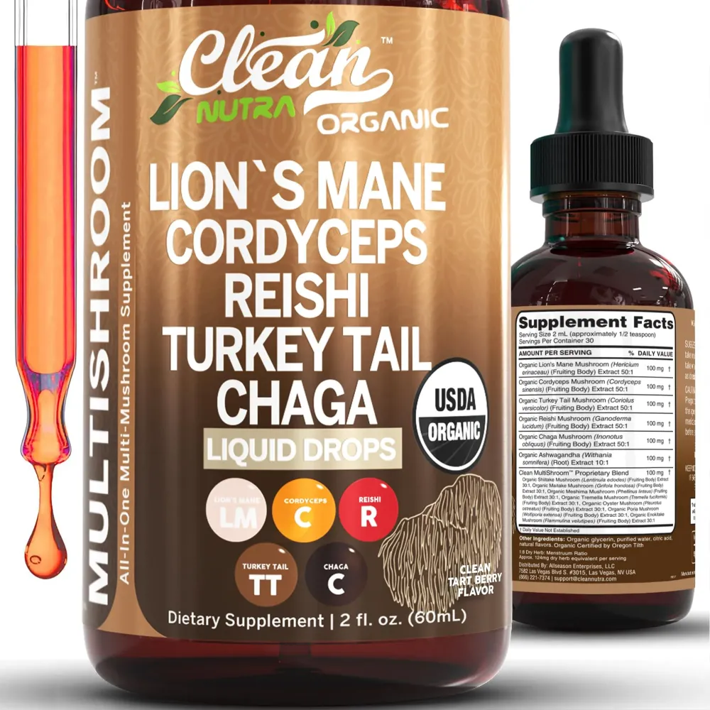 Organic Mushroom Supplement Liquid Drops with Lions Mane Turkey Tail Cordyceps Reishi Chaga Shitake Maitake Tremella Oyster Mushrooms Poria and Enokitake Mushrooms Complex Blend by Clean Nutra Organic Mushroom Supplement Liquid Drops with Lions Mane Turkey Tail Cordyceps Reishi Chaga Shitake Maitake Tremella Oyster Mushrooms Poria and Enokitake Mushrooms Complex Blend by Clean Nutra