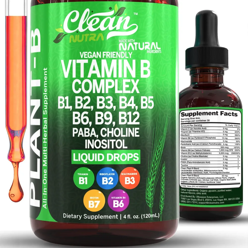 Vitamin B Complex Liquid Drops | Thiamine B1, B6, B2, B3, B4, B5, B7 B9, B12, Niacinamide, Paba, Choline Inositol Taurine Probiotics Beet Root Spirulina - Plant-B Vitamin Supplements by Clean Nutra Vitamin B Complex Liquid Drops | Thiamine B1, B6, B2, B3, B4, B5, B7 B9, B12, Niacinamide, Paba, Choline Inositol Taurine Probiotics Beet Root Spirulina - Plant-B Vitamin Supplements by Clean Nutra