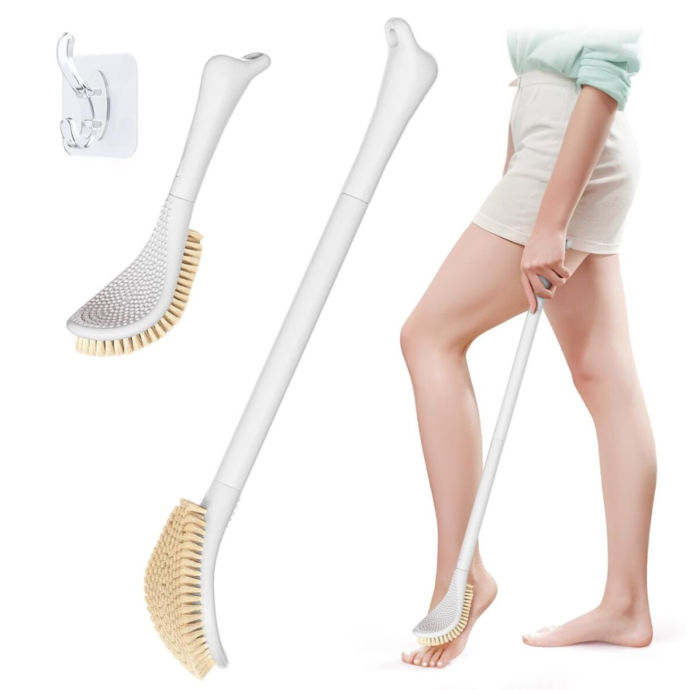 GEENOA New Foot Brush with Adjustable Long Handle, 3-in-1 Foot Scrubber for Wet or Dry Brushing, 10.2- 27.5 Foot Scrub Brush for Senior, Pregnant, Disabled, or Injured, Gift-Box Packed(White)