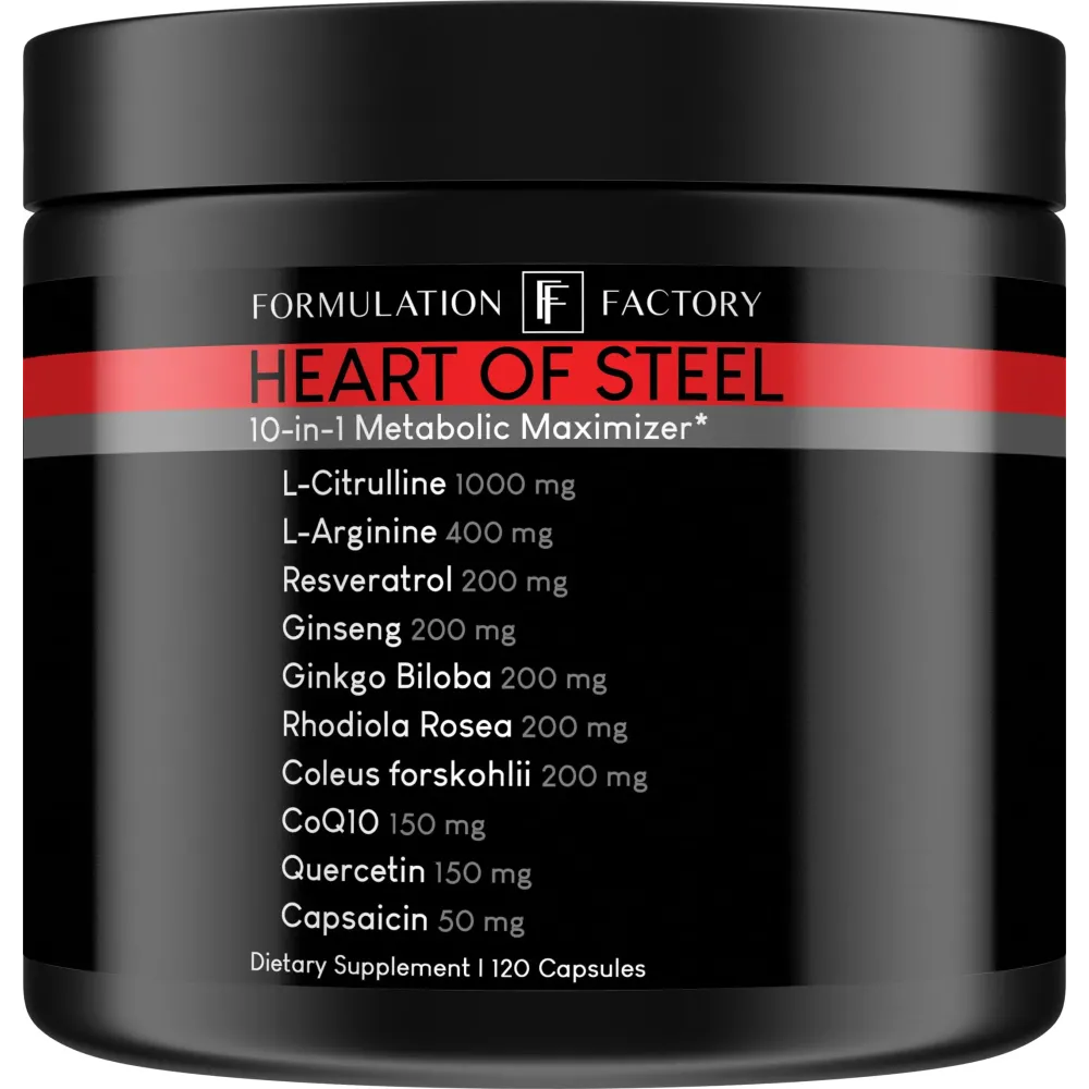 Formulation Factory Heart of Steel: 10-in-1 Metabolic Maximizer Nitric Oxide Supplement, Blood Pressure Support, L Arginine, L Citrulline Natural Pre-Workout: Energy Management 120 Count Formulation Factory Heart of Steel: 10-in-1 Metabolic Maximizer Nitric Oxide Supplement, Blood Pressure Support, L Arginine, L Citrulline Natural Pre-Workout: Energy Management 120 Count