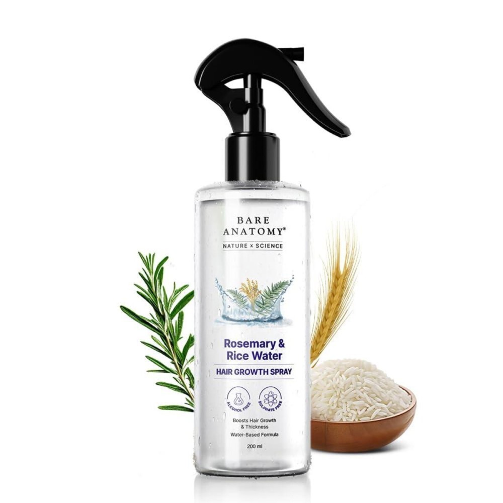 Bare Anatomy Nature x Science Rosemary Water Spray for Hair Growth & Hair Thickness with Rice Water |100% Natural Extract | Soft & Smooth Hair| Controls Hairfall| Non-Greasy & Fast Absorbing | 200ml Bare Anatomy Nature x Science Rosemary Water Spray for Hair Growth & Hair Thickness with Rice Water |100% Natural Extract | Soft & Smooth Hair| Controls Hairfall| Non-Greasy & Fast Absorbing | 200ml