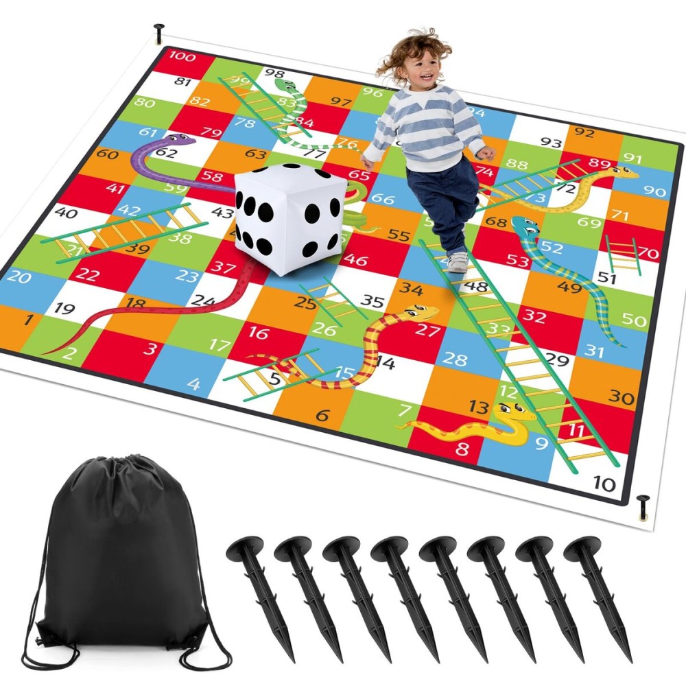 Realspring 9.8 ft Giant Snakes and Ladders Game Playing Mat with 6 Nails 14 Inch Inflatable Dice and Storage Bag Floor Snake and Ladder Board Game Big Size for Both Indoor and Outside Realspring 9.8 ft Giant Snakes and Ladders Game Playing Mat with 6 Nails 14 Inch Inflatable Dice and Storage Bag Floor Snake and Ladder Board Game Big Size for Both Indoor and Outside