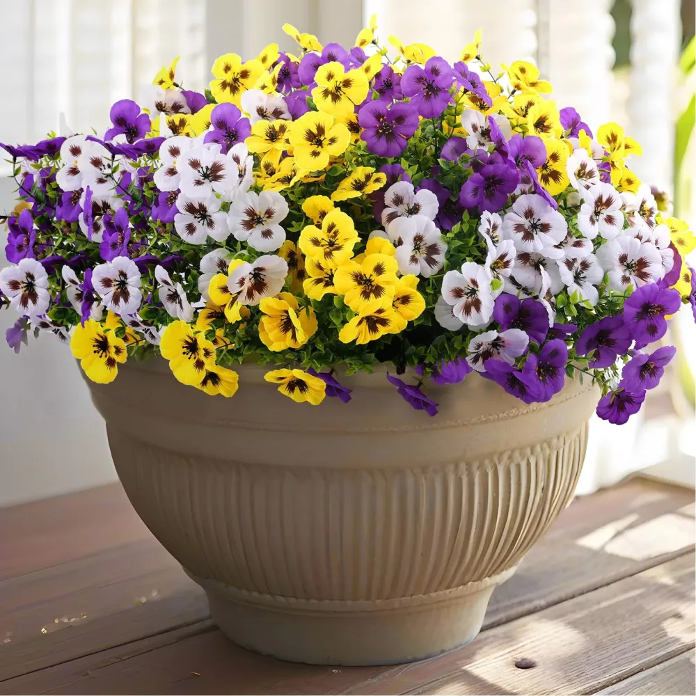 Rowfad 18 Bundles Artificial Fake Pansy Flowers for Outdoor, Faux UV Resistant Silk Pansies Flowers for Outside Planter Front Door Porch Yard Patio Window Box Home Decor (18, Purple, Yellow, White) Rowfad 18 Bundles Artificial Fake Pansy Flowers for Outdoor, Faux UV Resistant Silk Pansies Flowers for Outside Planter Front Door Porch Yard Patio Window Box Home Decor (18, Purple, Yellow, White)