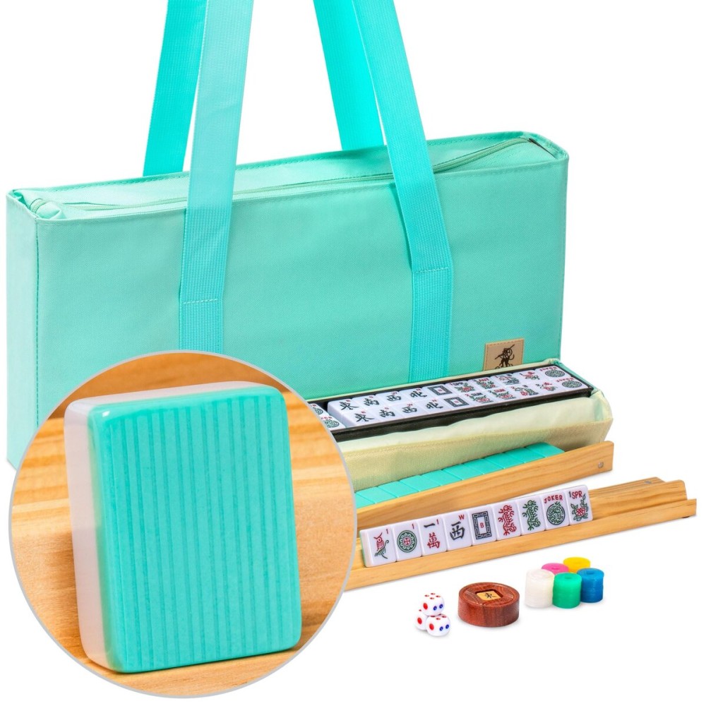 Yellow Mountain Imports American Mahjong Set, Seabreeze with Green Soft Case - 4 All-in-One Racks with Pushers, Wright Patterson Scoring Coins, Dice, & Wind Indicator Yellow Mountain Imports American Mahjong Set, Seabreeze with Green Soft Case - 4 All-in-One Racks with Pushers, Wright Patterson Scoring Coins, Dice, & Wind Indicator