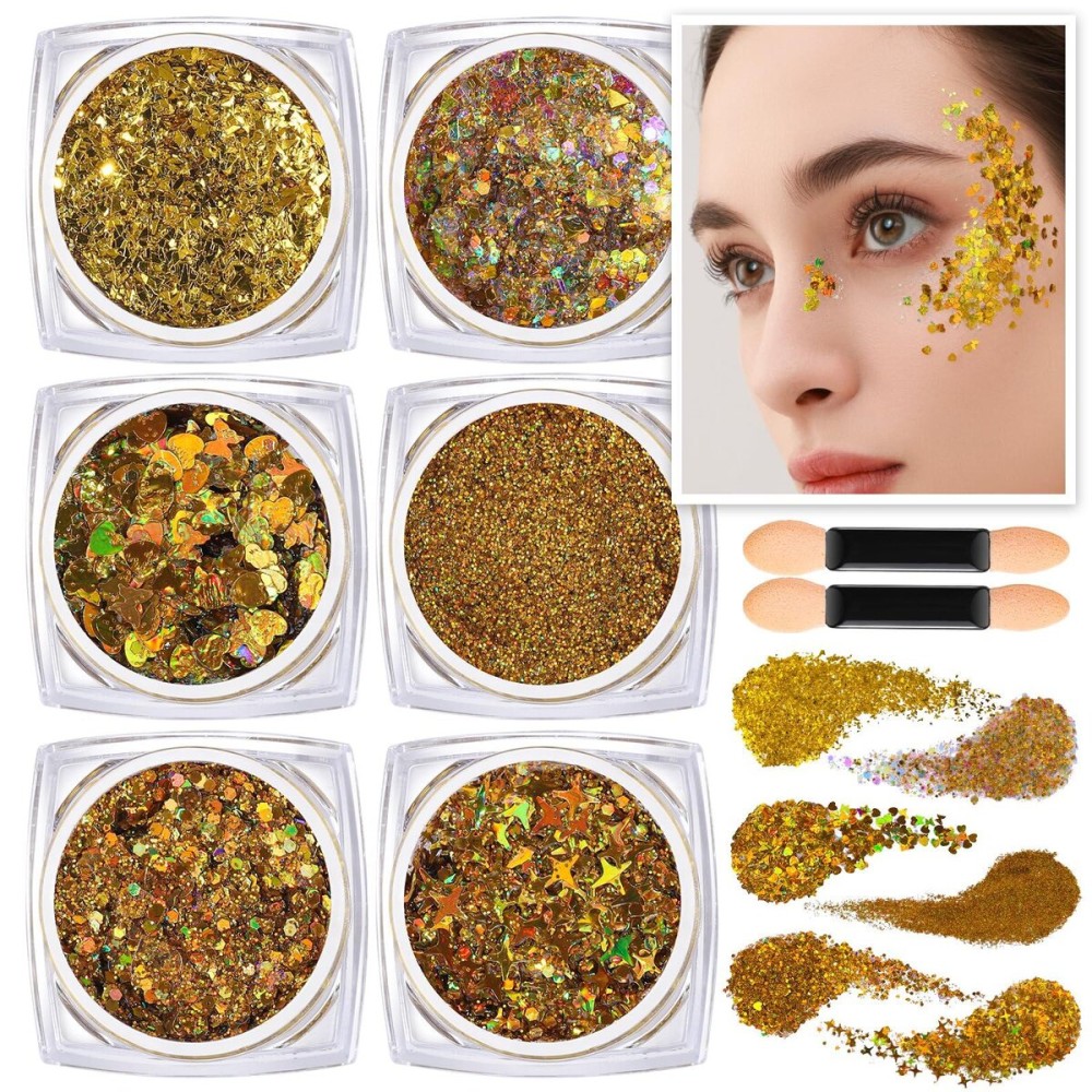 Teenitor Face Glitter Body Glitter, Gold Body Glitter Gel, Hair Glitter Gel, 6 Shapes Rave Glitter, Festival Makeup Glitters Gel, Chunky Sparkling Glitter Gel for Face, Body, Hair Teenitor Face Glitter Body Glitter, Gold Body Glitter Gel, Hair Glitter Gel, 6 Shapes Rave Glitter, Festival Makeup Glitters Gel, Chunky Sparkling Glitter Gel for Face, Body, Hair