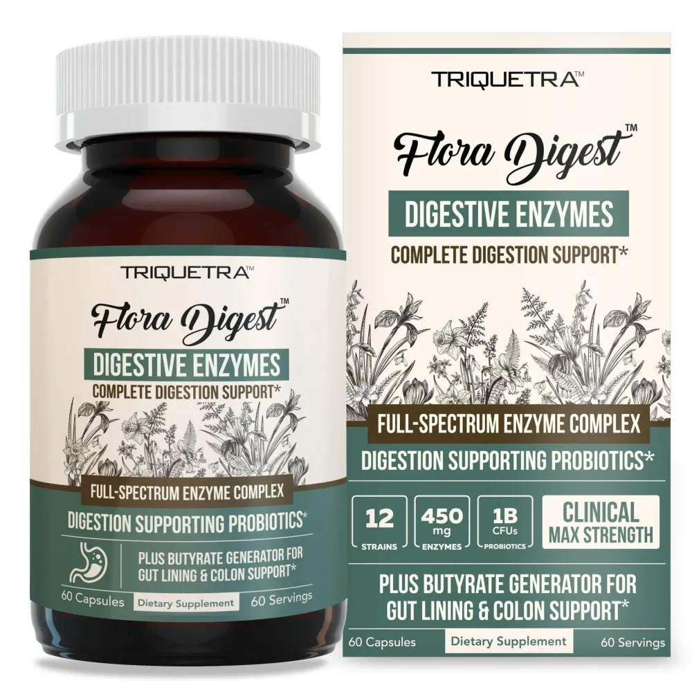 Flora Digest - 3-in-1 Max Strength Digestive Enzymes + Gut Surviving Probiotics & ButyraGen Postbiotic for Optimal Digestion, Bloating Relief, Regularity, Gut Lining & Colon Support - (60 Capsules) Flora Digest - 3-in-1 Max Strength Digestive Enzymes + Gut Surviving Probiotics & ButyraGen Postbiotic for Optimal Digestion, Bloating Relief, Regularity, Gut Lining & Colon Support - (60 Capsules)