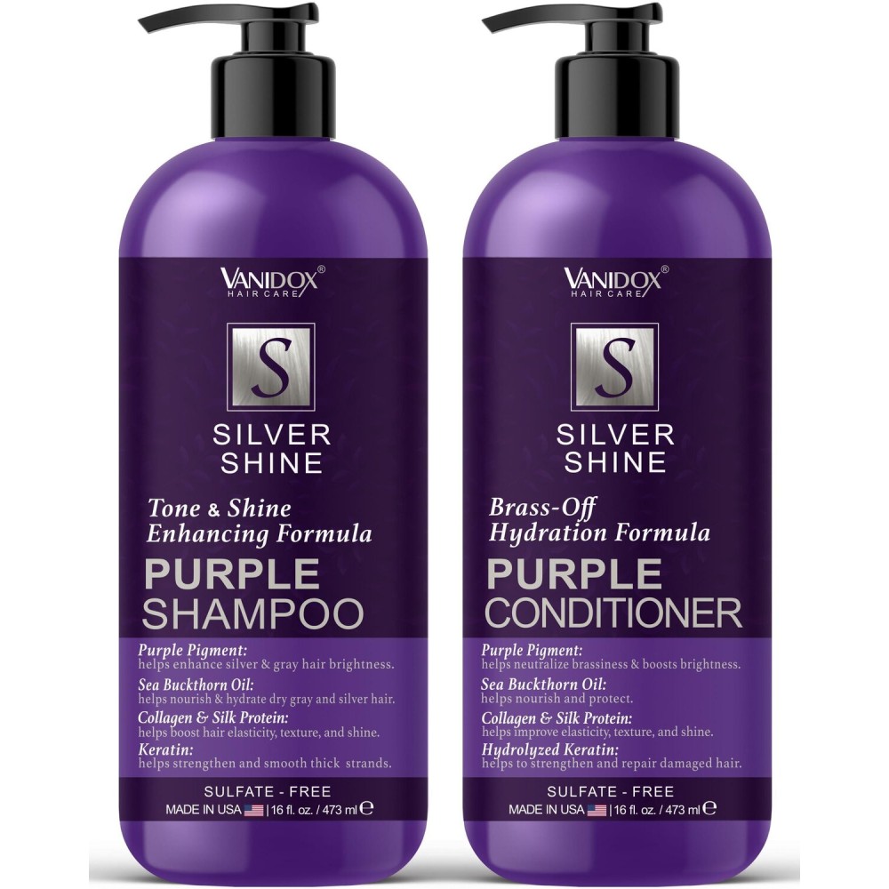 VANIDOX Sulfate Free Brass Toning Purple Shampoo and Conditioner Set for Grey and Silver Hair, Moisturizing & Color-Safe, Enhances Shine & Brightness, Made in USA (16 fl oz each) VANIDOX Sulfate Free Brass Toning Purple Shampoo and Conditioner Set for Grey and Silver Hair, Moisturizing & Color-Safe, Enhances Shine & Brightness, Made in USA (16 fl oz each)