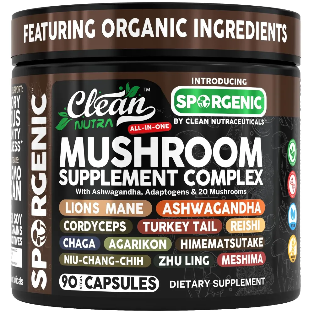 Organic Mushroom Supplement | Ashwagandha Lions Mane Cordyceps Turkey Tail Reishi Mushrooms Maca Root Black Hoof Chaga Tremella Agarikon Shiitake Oyster Powder Capsules Sporgenic by Clean Nutra (1) Organic Mushroom Supplement | Ashwagandha Lions Mane Cordyceps Turkey Tail Reishi Mushrooms Maca Root Black Hoof Chaga Tremella Agarikon Shiitake Oyster Powder Capsules Sporgenic by Clean Nutra (1)